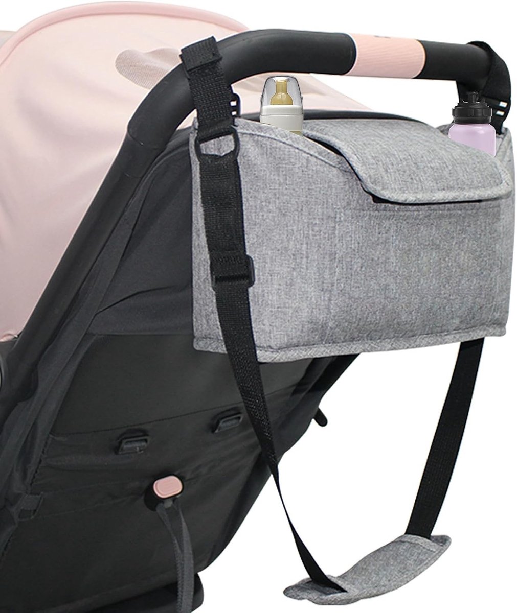 Babywagen Organizer met Cup Holder, Draagbare en Hangende Organizer, Ruime Organizer Tas voor Babywagens in Grijs