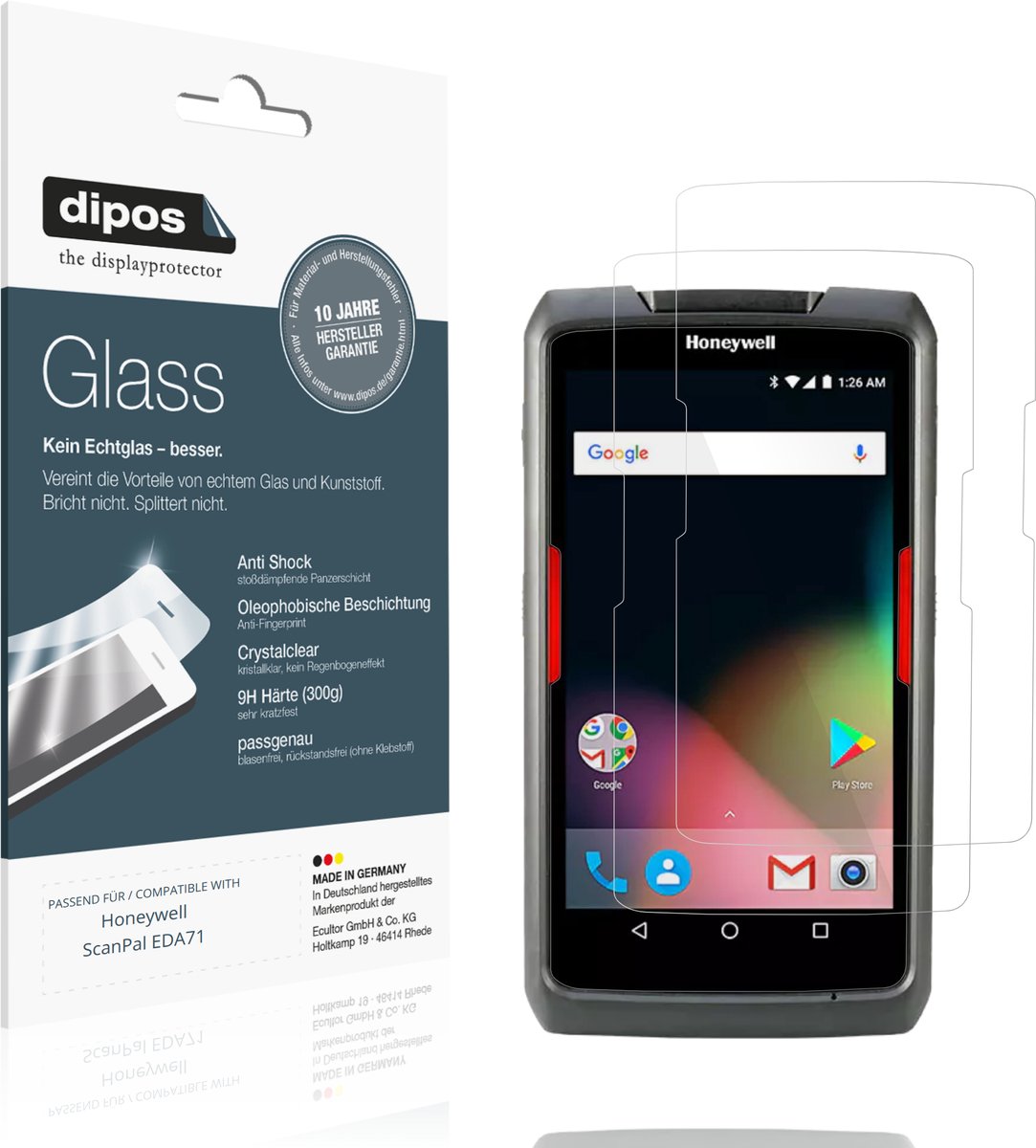 dipos – 2x Pantserfolie geschikt voor Honeywell ScanPal EDA71 | 9H Screenprotector
