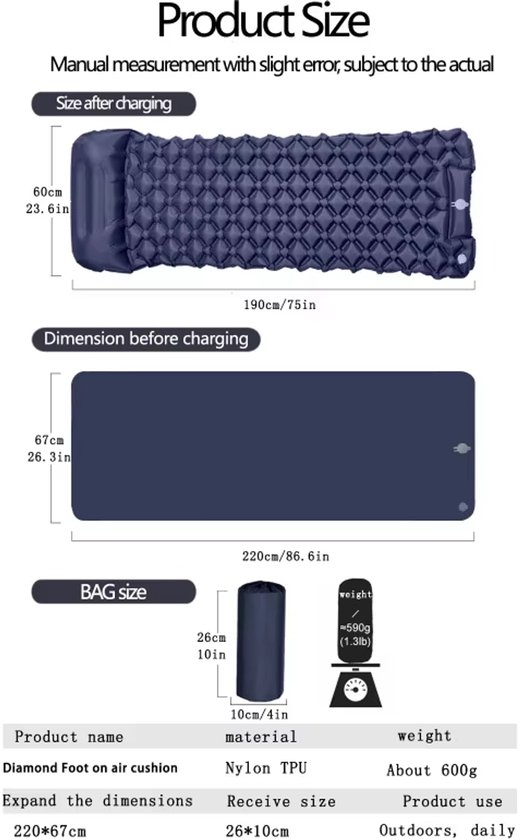 Camping Matras - Opblaasbaar en Ultralicht Luchtbed met Ingebouwd Kussen en Pomp, Draagbaar voor Kamperen, Wandelen en Reizen - Groen - dubbel van Camping — afbeelding 3