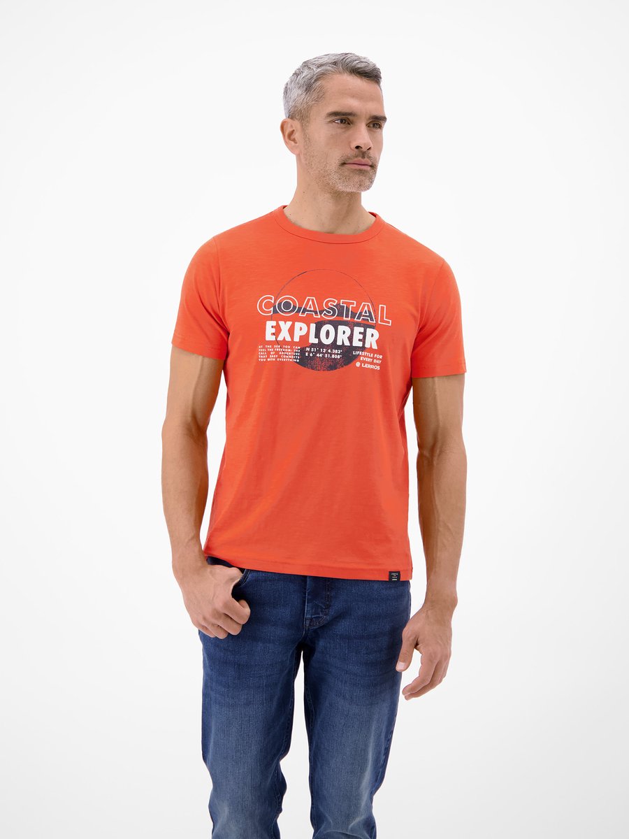 LERROS T-shirt met print op de borst en ronde hals , Maat: XXL , Kleur: VIVID RED , 100% katoen
