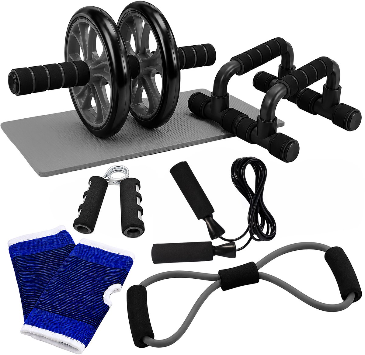 Fitness set - 9-delig - met ab roller - zwart