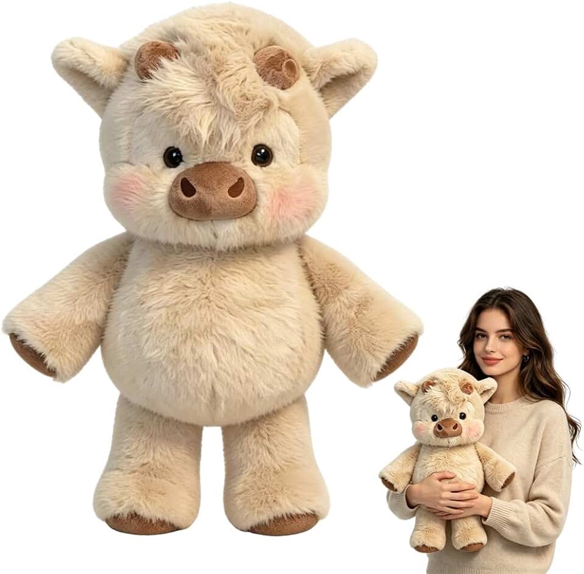 Hooglandkoe, interactief knuffeldier met beweegbare poten, lopend knuffeldier, knuffeldier om te ontspannen, kalfpluche dier voor kantoor, slaapkamer en thuis (kaki)