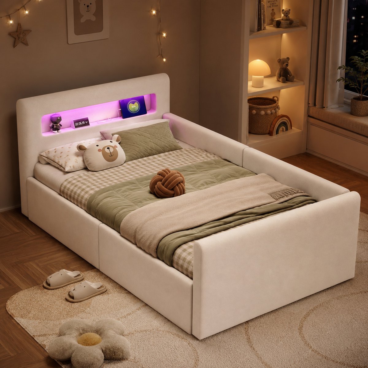 Kinderbed 90x200 cm - Eenpersoonsbed - Opbergbed - Multifunctioneel bed - Met hydraulische functie - Met hoofdbord - Met nachtlampje - Met opbergvak - Met USB-oplaadpoort - Veilig en comfortabel - Beige