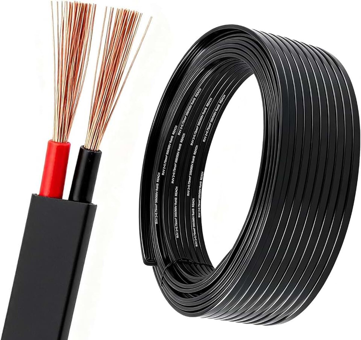 5M KFZ 2x0.75mm² platte kabel, 12V 24V voertuigkabel 2-aderig rood/zwart aanhangerkabel, flexibele elektrische verlengkabel, 2-polige kabel voor aanhangers