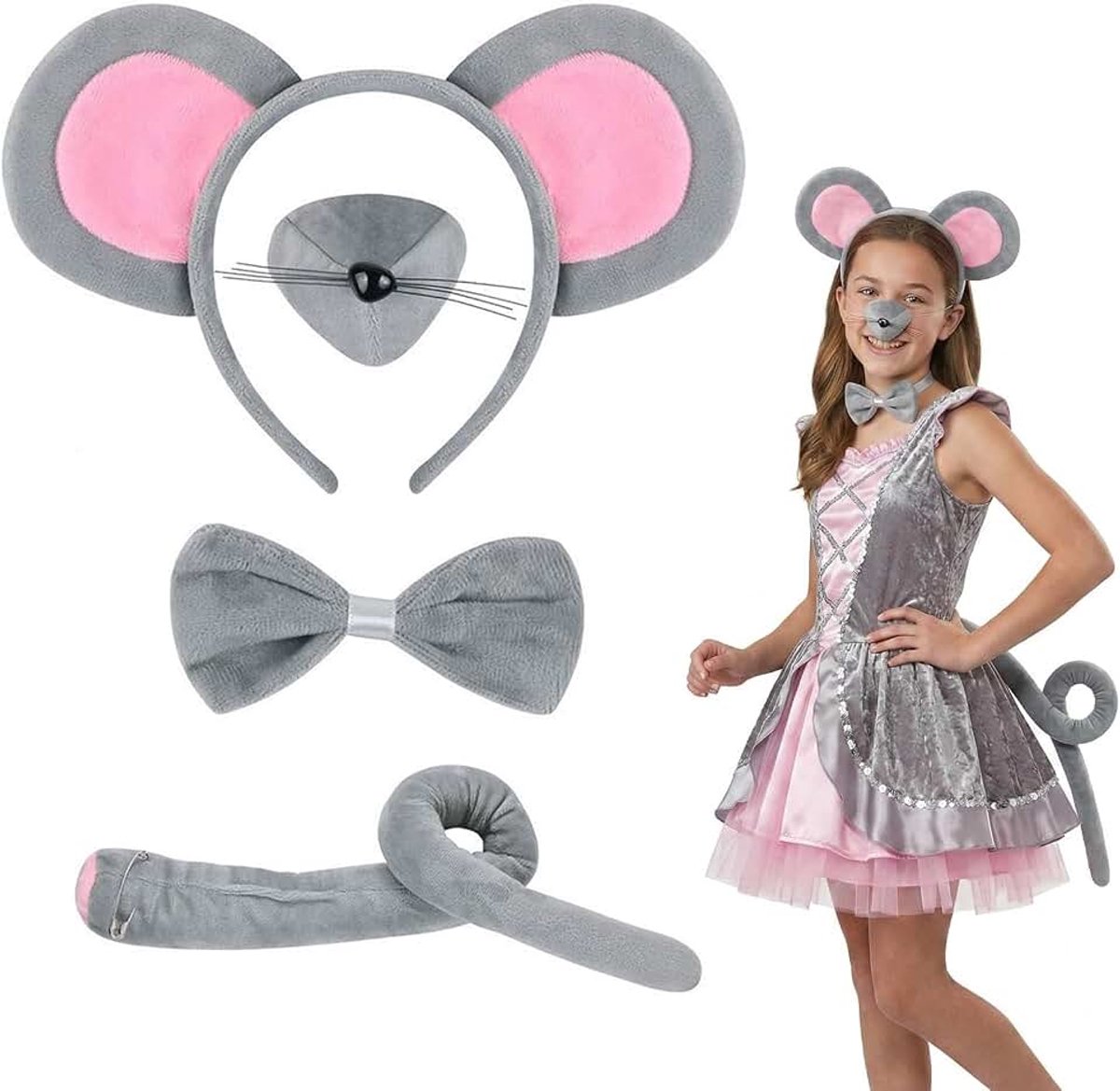 Set van 4 grijze muizenoren-hoofdbanden, zachte stoffen hoofdband met muizenneus en -mond, verstelbare staart en strik, kostuum voor volwassenen en kinderen voor Halloween en carnaval (grijs)
