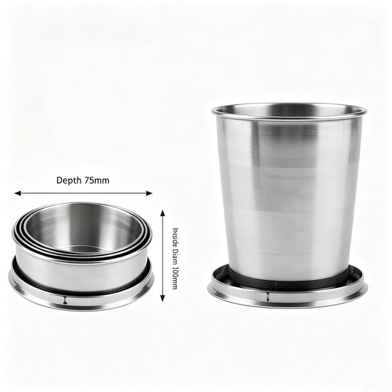 2 stuks - Vouwbeker - 250 ml - 2 stuks Vouwbeker - Vouwbeker uit roestvrij staal - Vouwbeker uit roestvrij staal - Kampeerbeker - Draagbare drinkbeker - Koffie/thee beker - Herbruikbaar - Met deksel - Roestvrij staal - Zilver — afbeelding 2