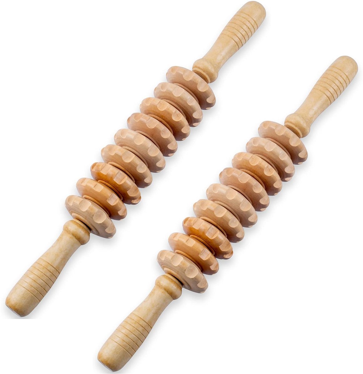 2 stuks Houten massageroller – Massage-stick – Handmatige massageroller – Massager met 9 rollen – Massageapparaat voor het hele lichaam - Voor spierontspanning, lymfedrainage en lichaamsvorming – Houttint