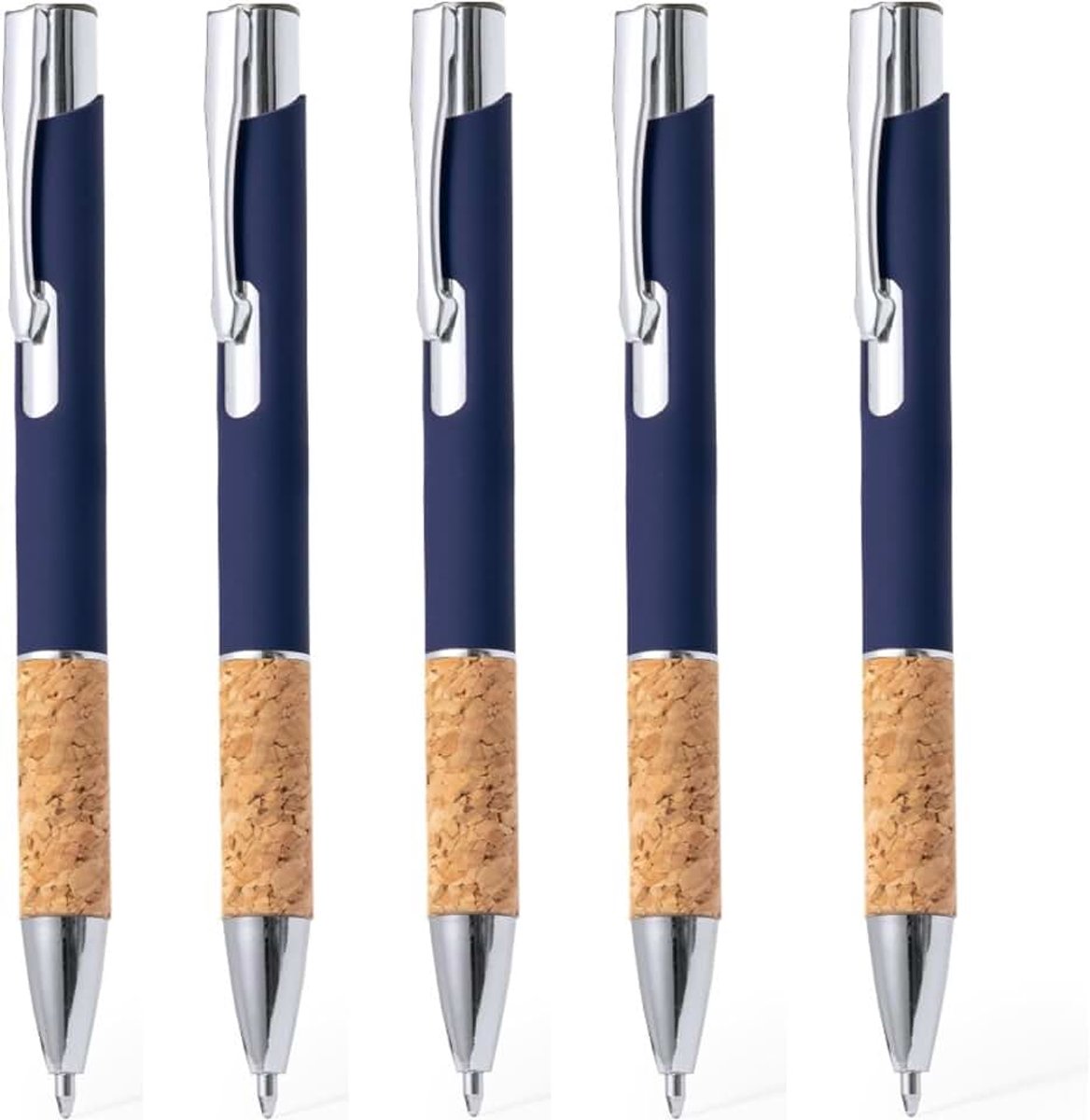 NoTrash2003 Ergonomische balpen, 10 stuks, met rubber beklede aluminium metalen punt en gripzone van kurk en touchfunctie, 5 kleuren, stylus, drukbalpen, blauw schrijvend (marineblauw)