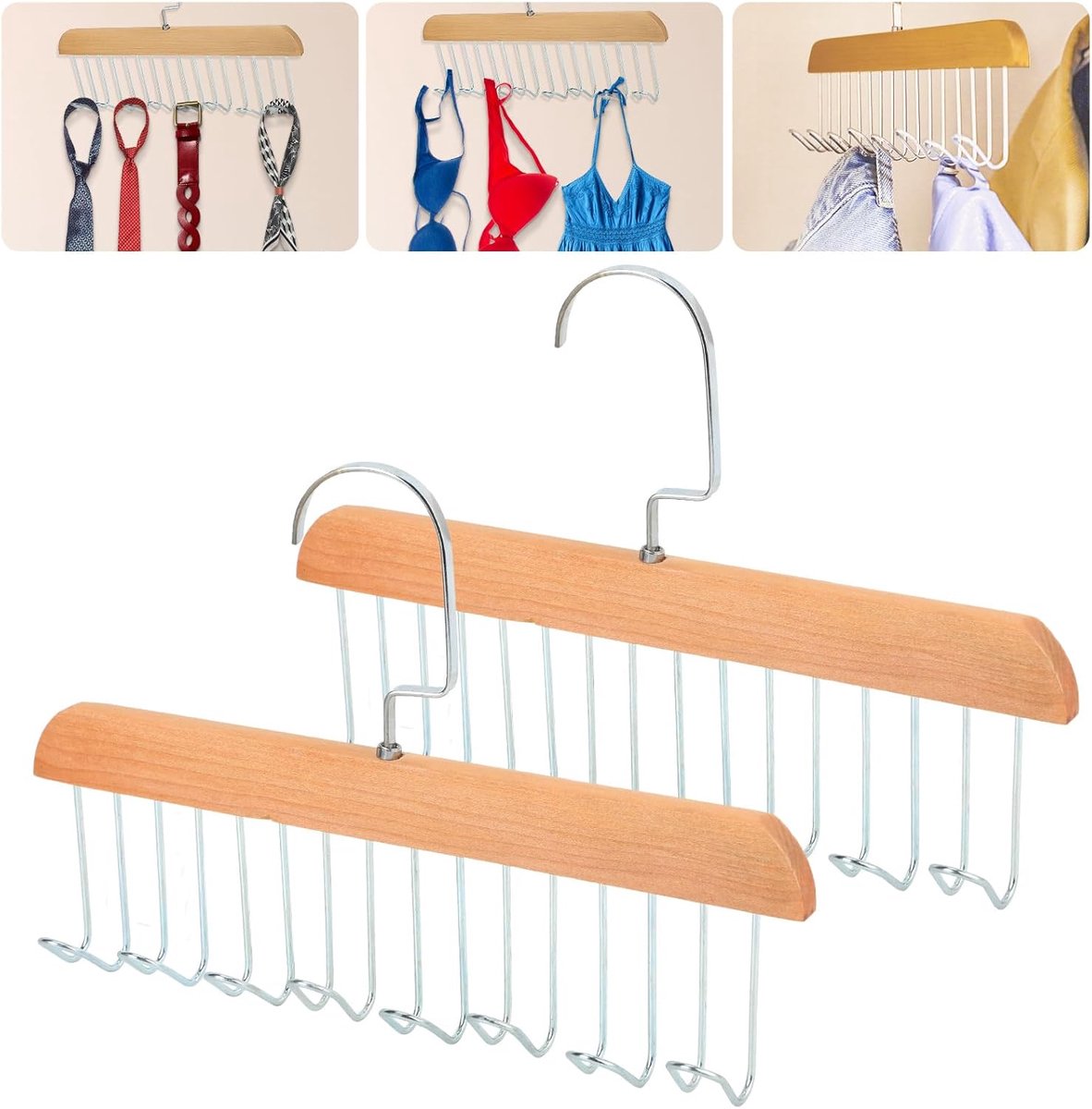 2-stuks Kledinghanger -Houten kledinghanger - Kledinghanger met meerdere haken - 360° draaibare riemhanger met 8 haken - 28 × 19 cm - Kan gebruikt worden om riemen, stropdassen, bh's en sjaals op te hangen - Zilver