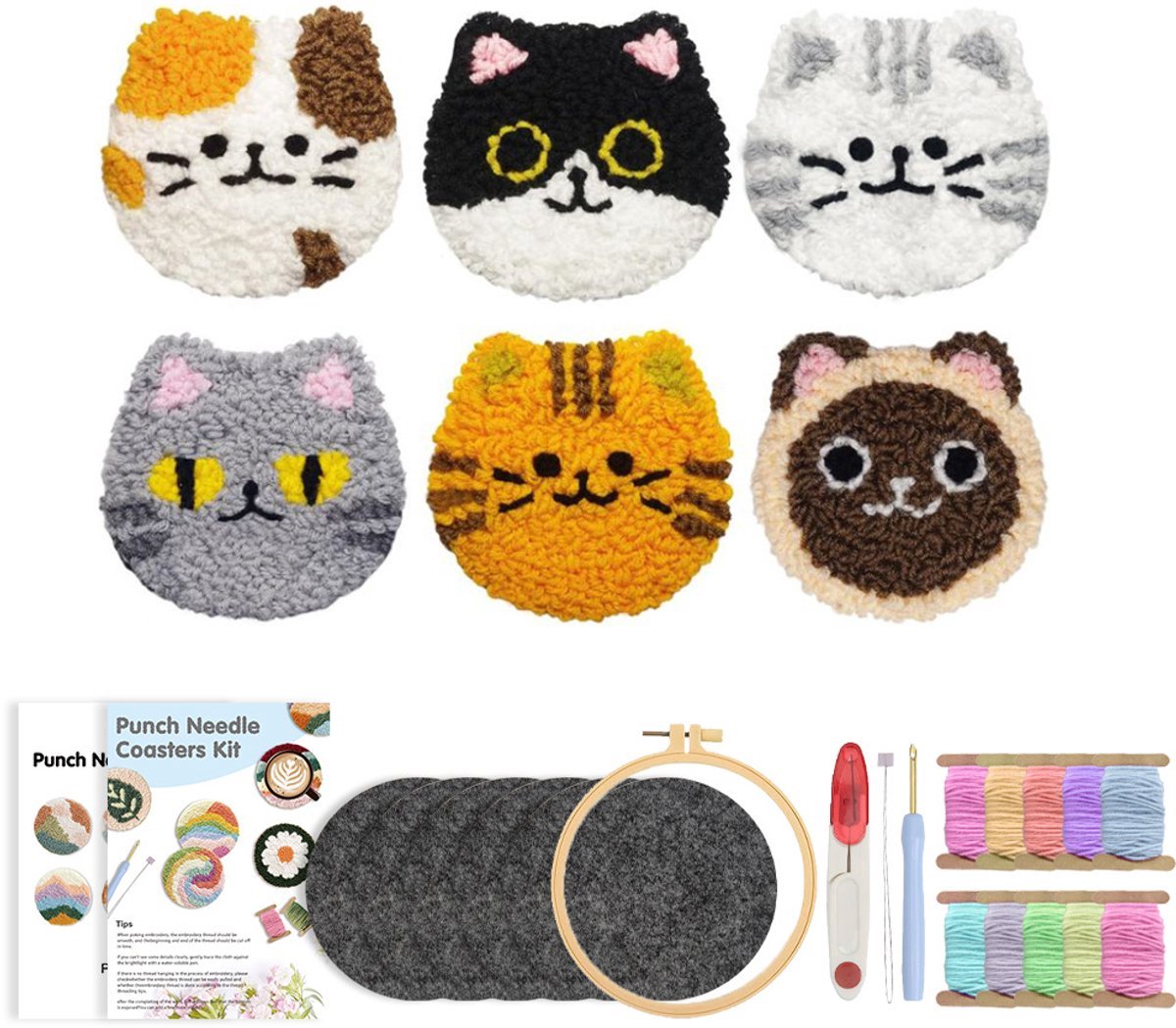 Casalora Punch Needle - Kat Tenthema - Onderzetters DIY Kit / Onderzetters Borduurpakket - Inclusief Garen, Punch Naald, Borduurring en Vilten Achterkant – Creatieve Hobbyset voor Volwassenen voor Beginners