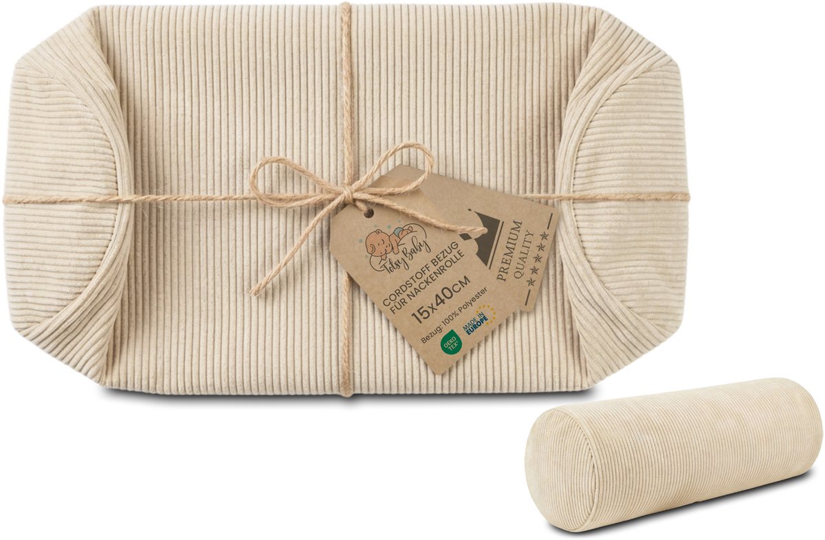 Hoes voor nekrol yoga bolster knierol positioneringsrol ribfluweel 15 x 40 cm - overtrek voor nek- en knierol, decoratief kussen en klein kussen, lange rol Oeko-Tex Lichtbeige Corduroy