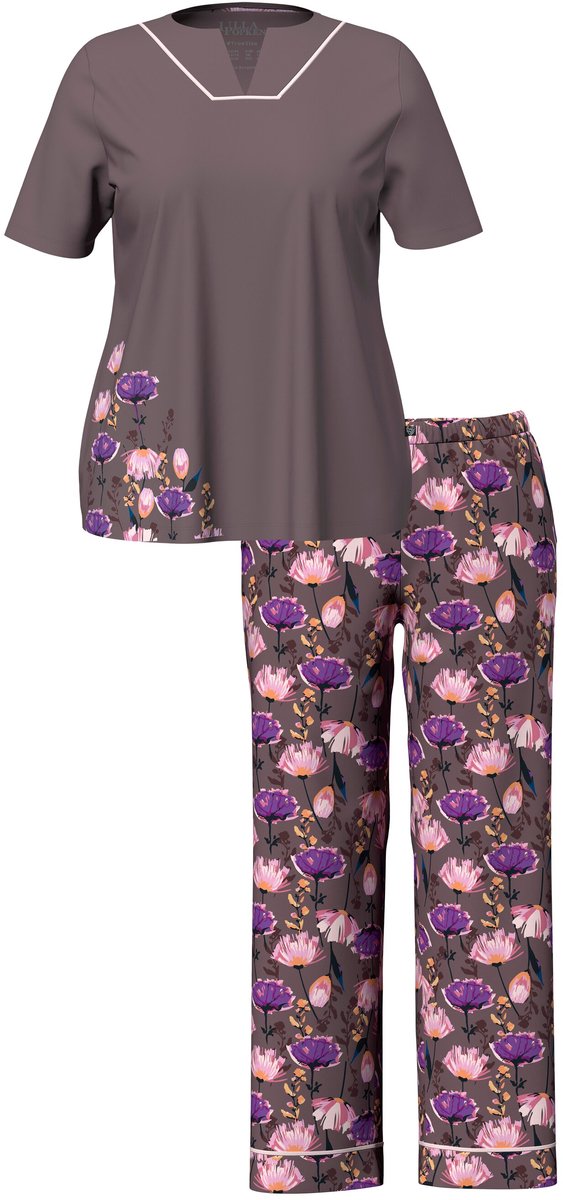 Ulla Popken - Dames - Pyjama bloemen tuniekhals korte mouwen - Aarde - Maat 58+