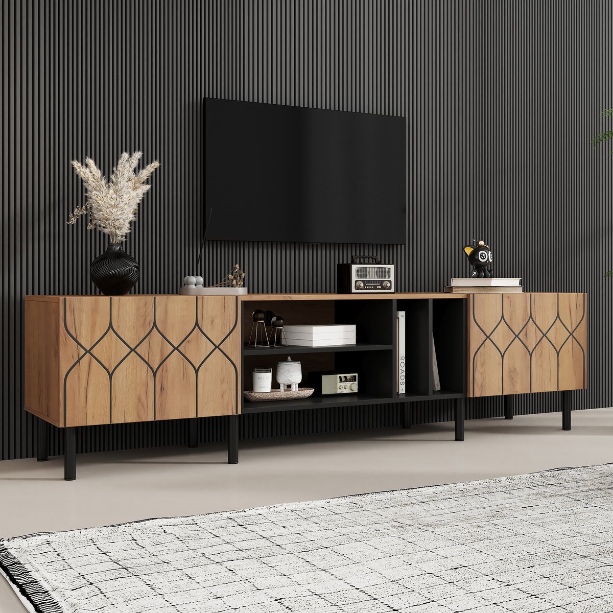 TV-Schrank met 2 Türen, Modernes Lowboard, Naturholz + Schwarz - 180x40x50 cm