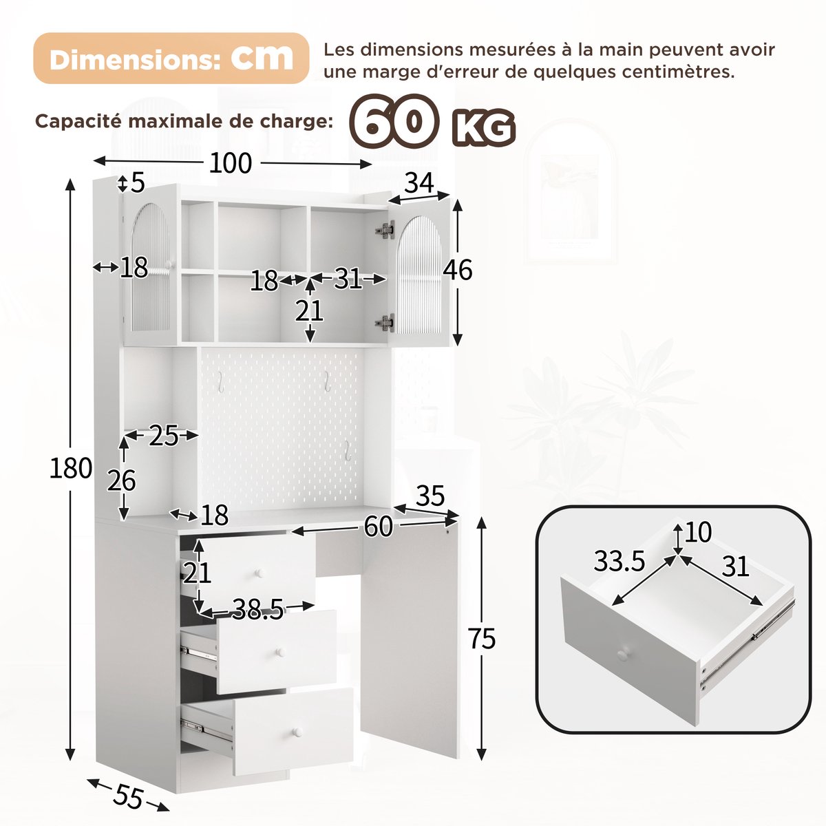 Moderner Schreibtisch met Pinnwand Vitrine - 180 cm - Weiß - MDF