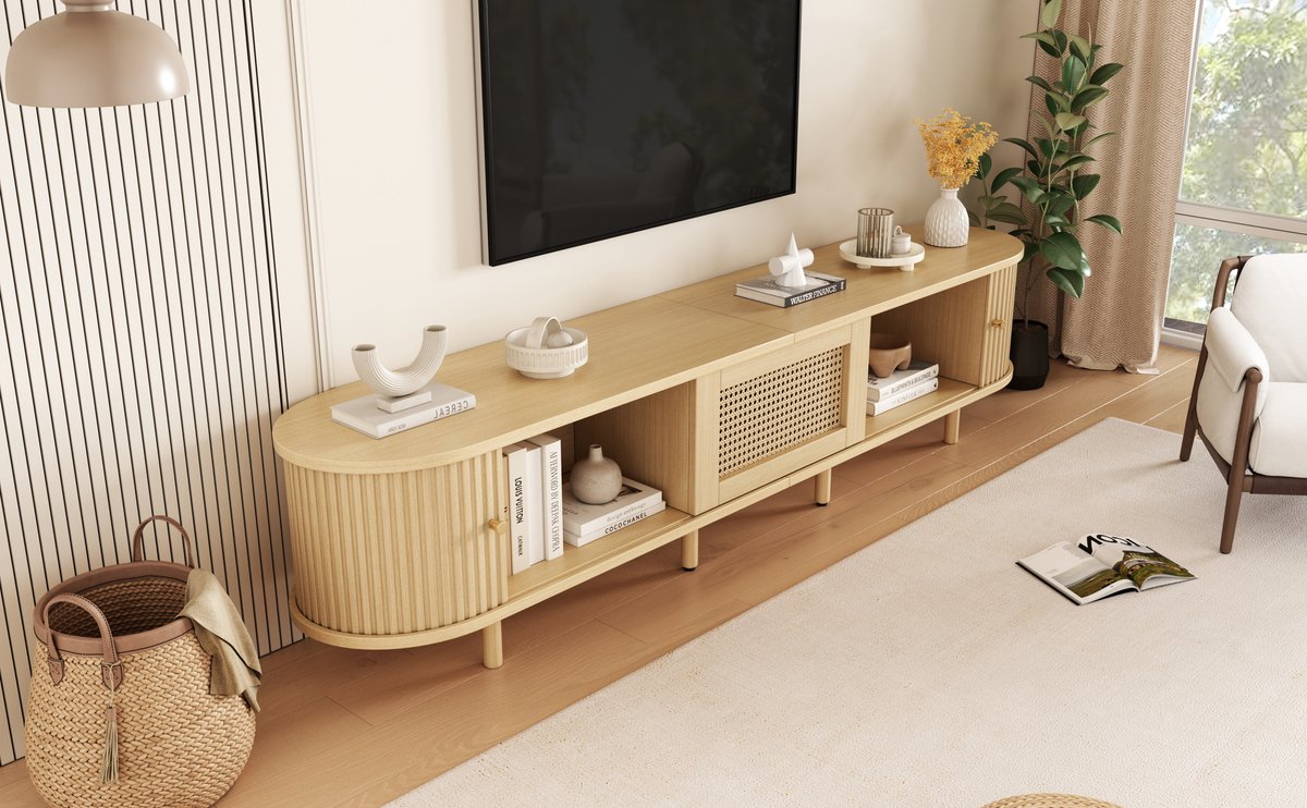 Lowboard TV-Kast Modern Fernsehtisch - Ronddesign met Rollo-Tür - MDF - Natural - 180x40x40cm
