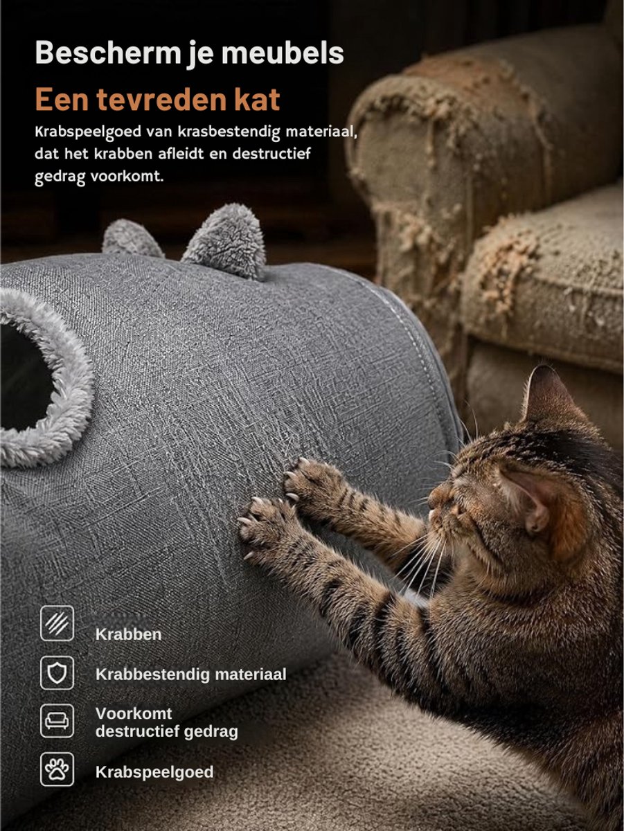 Verte Kattentunnel met Kattenmand - Cat Cave - 3-in-1 Ronde Kattentunnel - Ademend Linnen - Uitneembaar Zomerbed - S-Vorm - Verstelbaar voor Katten en Konijnen