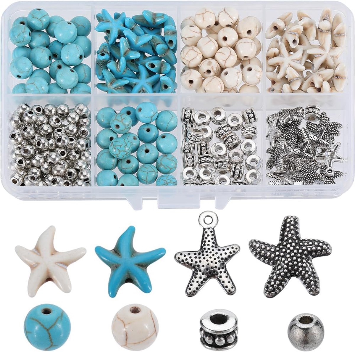 1 Doos 250Pcs Oceaan Bead Kit Zeester Kralen Lucky Turquoise Bead Zee Ster Kralen Zeester Charms Ronde Steen Kraal Hawaii Zomer Spcaer Kralen voor Sieraden Maken Kits Vrouwen Volwassenen