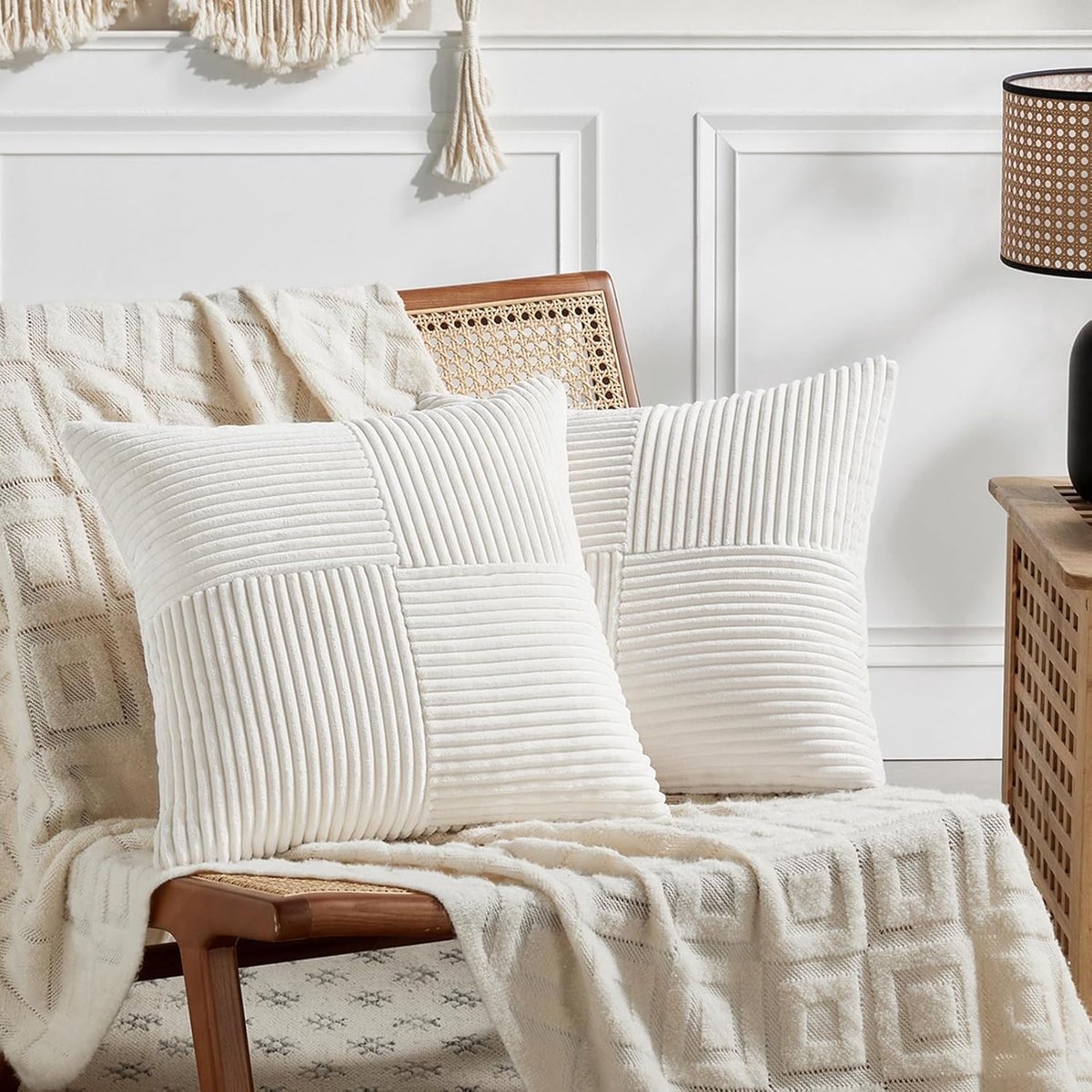 Set van 2 kussenhoezen, boho, corduroy, 45 x 45 cm, melkwit, zacht, decoratief, klassiek patroon met gekruiste strepen, onzichtbare ritssluiting, voor bank, bed, thuis