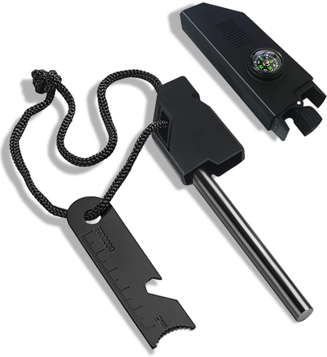 Multitool - Vuurstarter - Survivaltool - 6-in-1 - vuurstaaf / kompas / fluit / liniaal / opener / opbergvakje - Vuursteen - Kamperen - Scouting - Outdoor tool - Gadget - Zwart - Jonyx