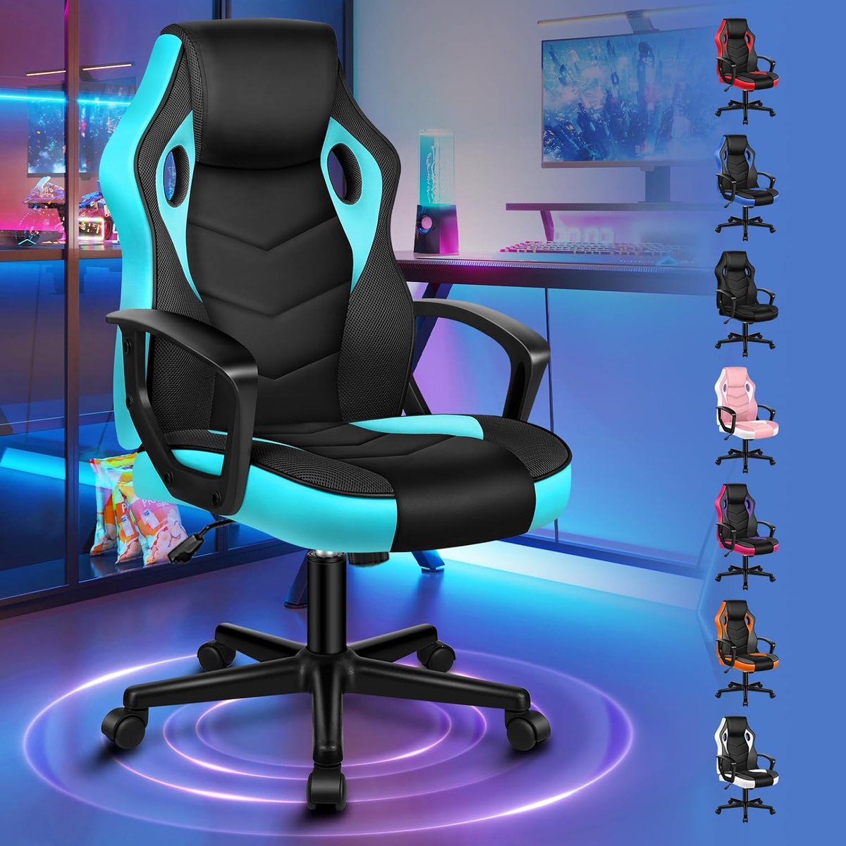 Gamingstoel, PC-computer racestoel, ergonomische draaibare bureaustoel met wielen van PU-leer en stof voor thuisgebruik, cyaan