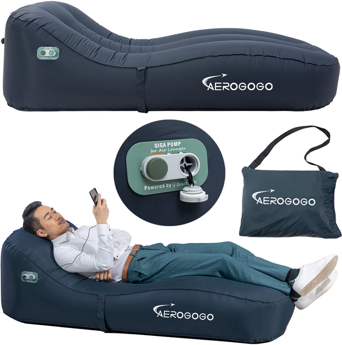 Aerogogo GS1 Opblaasbaar Ligbed - Blauw - Ingebouwde Pomp