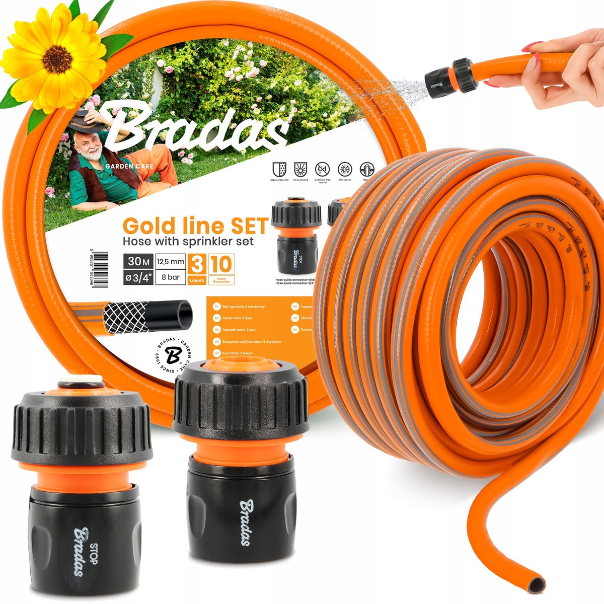 Flexibele tuinslang 3/4" 30m 3-laags met koppeling - Oranje