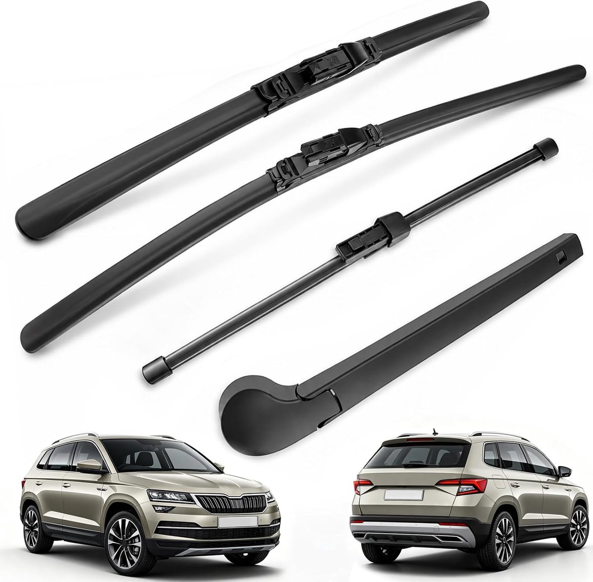 Ruitenwisserset voor en achter, compatibel met Skoda Karoq NU7 2017-2022, 2 voorruitenwissers + 1 achterruitenwisser + 1 achterruitenwisserarm vervanging ruitenwisserblad autoruitenwisser