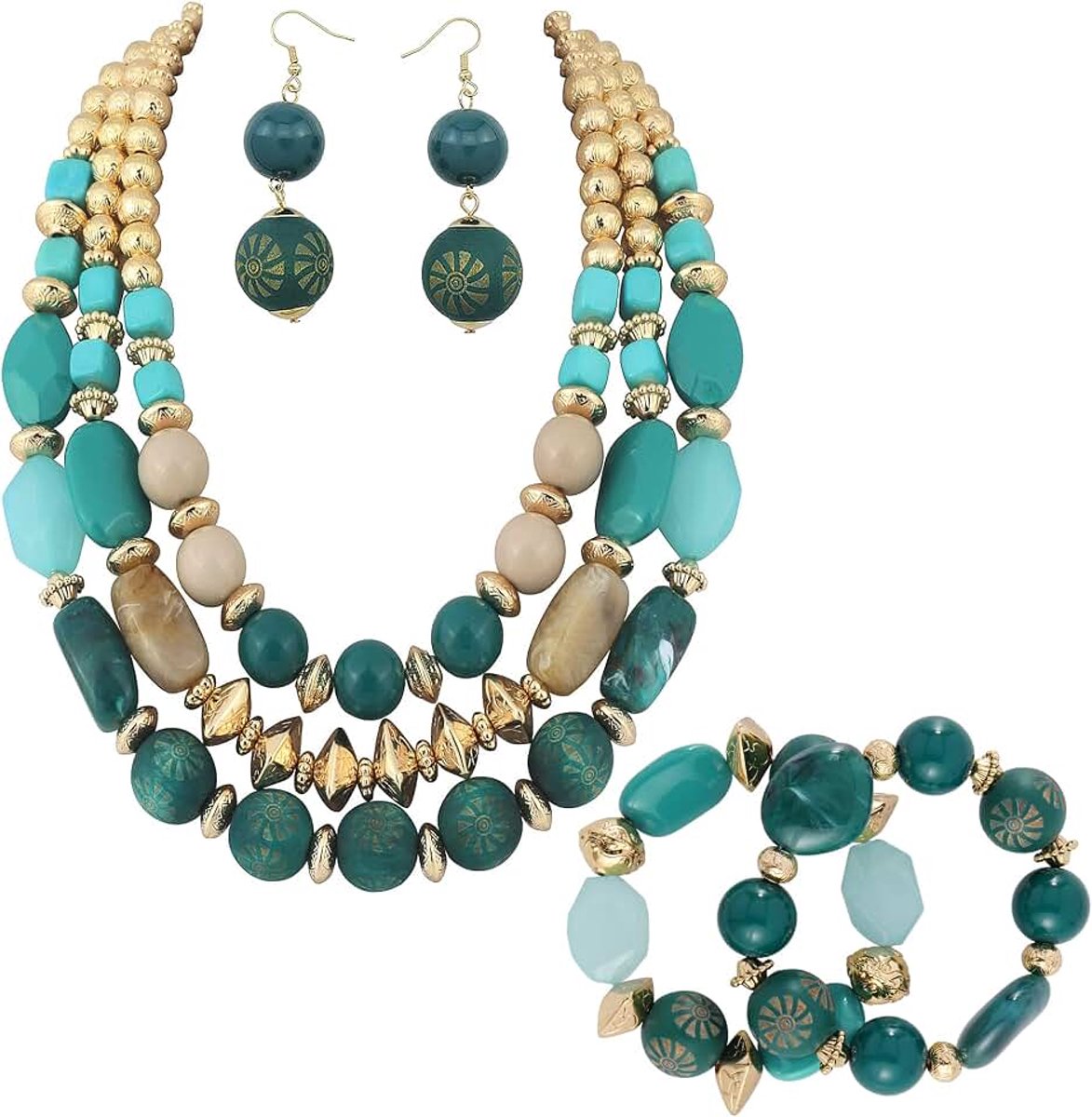 3 Layer Chunky Statement Kralen Ketting Set met Oorbellen Mode Multi Layer Vrouwen Kraag Ketting, standard, Geen edelsteen