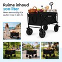 Zwarte bolderkar met een inhoud van 100 liter, gevuld met picknickspullen. Kleine afbeeldingen tonen de kar op het strand, in het park en bij een tent.
