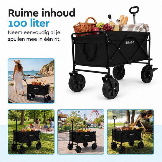 Zwarte bolderkar met een inhoud van 100 liter, gevuld met picknickspullen. Kleine afbeeldingen tonen de kar op het strand, in het park en bij een tent.