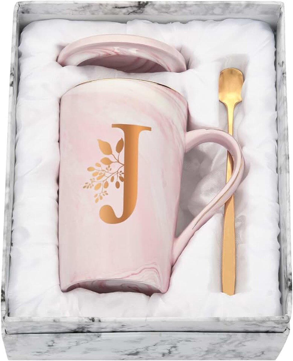 Gepersonaliseerde mok met letters, koffiemok met bloemenmotief, naam en initiaal, persoonlijke geschenken, koffiemok voor vrouwen, vriendin, J - 400 ml, roze
