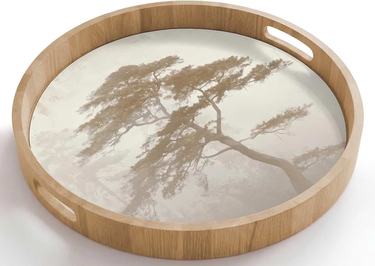 Dienblad Rond 50x50 cm Houten Serveerblad Met Handgrepen Gelakt Eikenhout Krasbestendig Hittebestendig Ontbijt Koffie Thee Eten Boom - Oosterse stijl - Landschap