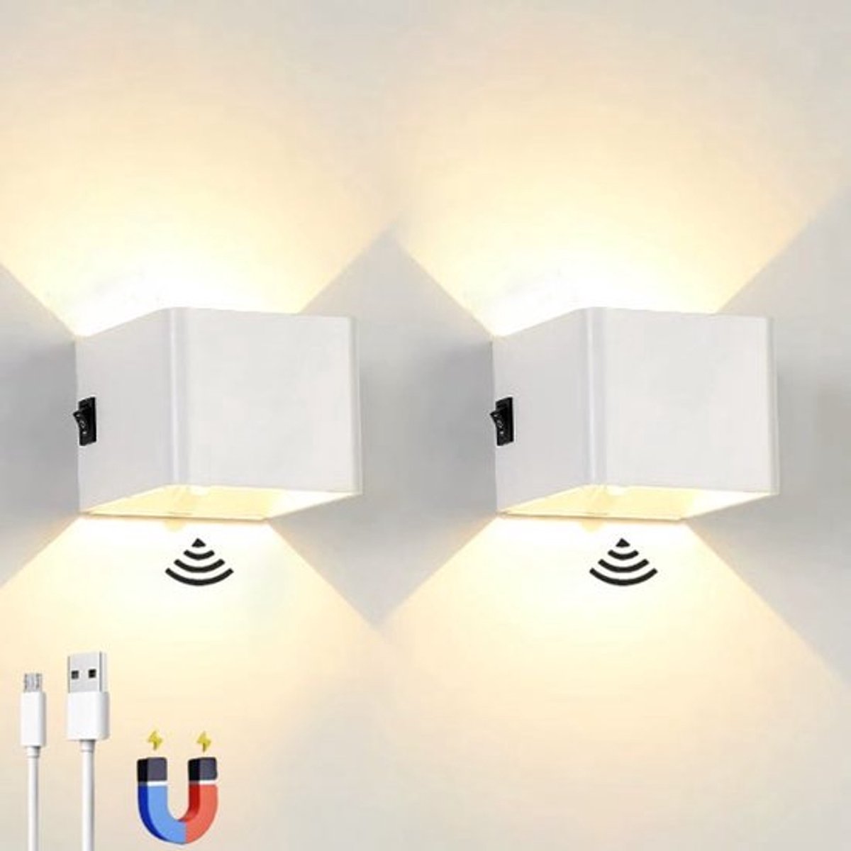 Een set van twee oplaadbare LED-wandlampen, voorzien van een bewegingssensor, draadloos magnetisch ontwerp en twee lichtstanden: wit.