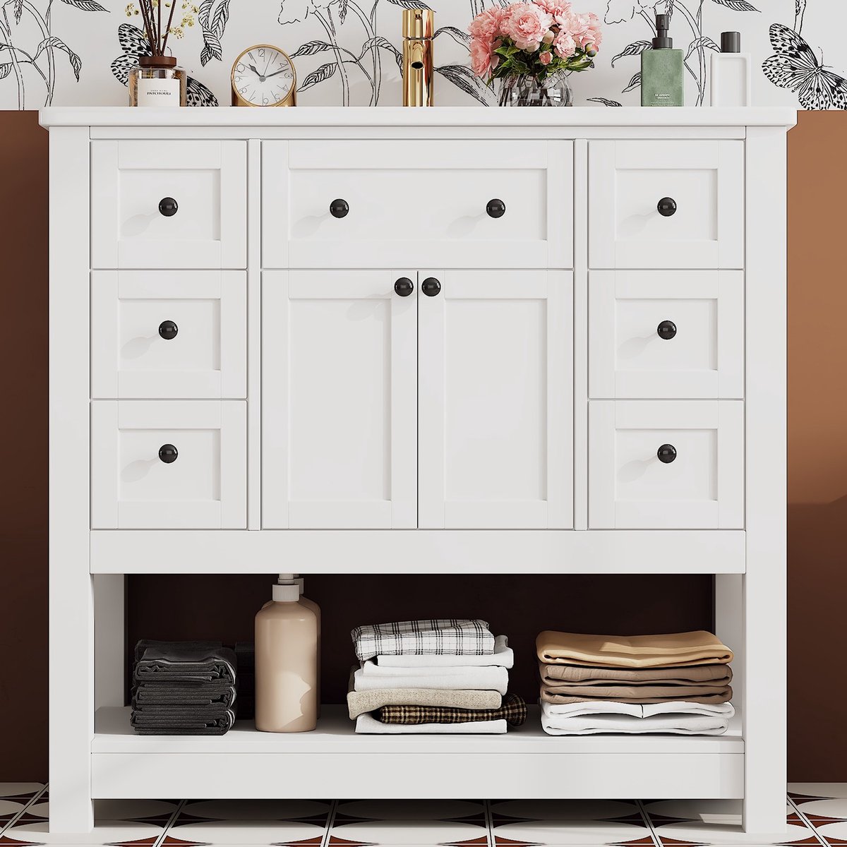 VVBV Badmeubelset 91.5x46.5x90 cm - Keramische Wastafel, Vrijstaand, Soft-Close, Opbergruimte - Wit, Keramiek & MDF