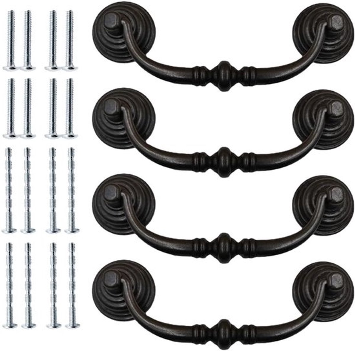 Antieke ladegrepen set van 4, zwarte ronde kastknoppen van ijzer, ideaal voor keukenkasten, slaapkamers en dressers