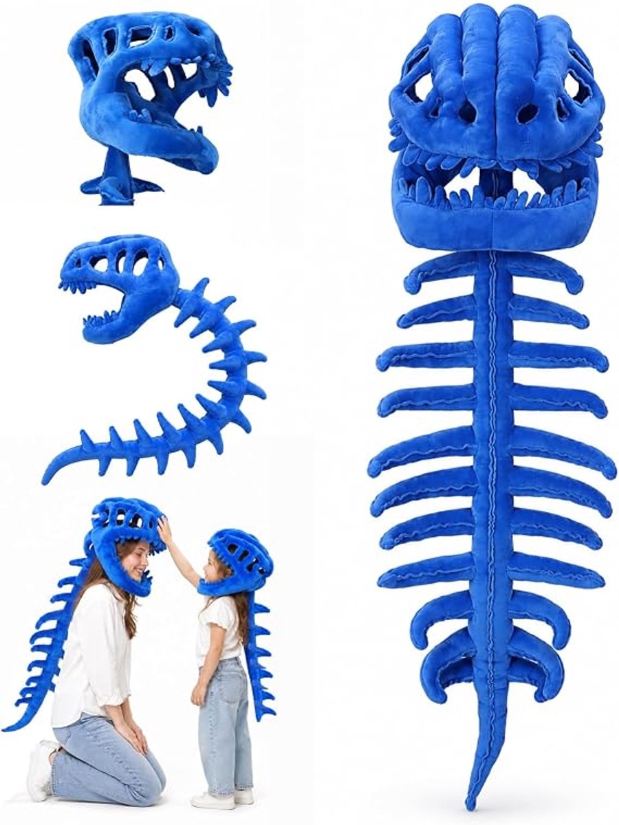 casalora - Dinosaur Skeleton Costume Set - 90cm - Dinosaur Skull Headpiece - Dinosaur Toy - Dinosaur Cosplay Costume - Halloween Costume - blauw