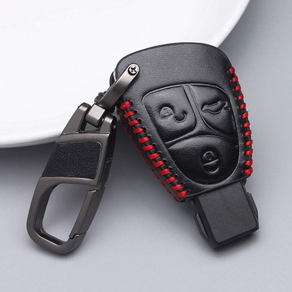 Lederen autosleutelhoes voor Mercedes Benz A, B, C, E, G, V, S, R, klasse, AMG, CLA, CLS, SLK, Viano W210 - Sleutelaccessoires, 3 sleutels, rood, bescherming en stijl