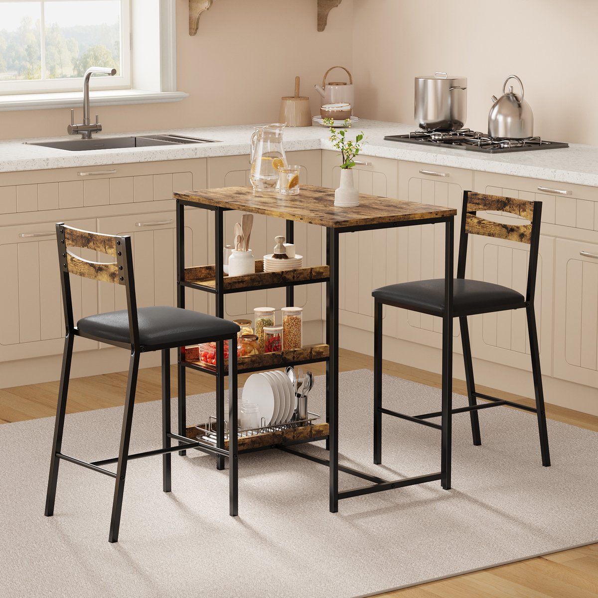 Eettafel Set 3-Delig - 91.5x50x91.5cm - Eettafel Met 2 Stoelen - Bartafel Counter Height met 3 Lagen Opbergplanken - Ruimtebesparend - Voor Appartement En Eetkamer - Bruin