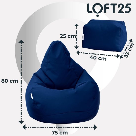 Donkerblauwe zitzak met afmetingen: 80 cm hoog, 75 cm breed. Voetenbankje: 40 cm breed, 25 cm hoog, 33 cm diep.