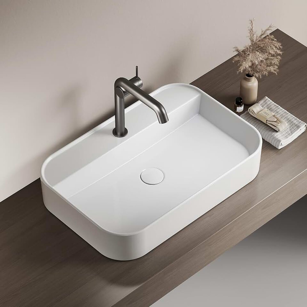 Opbouw Wastafel Rechthoekig –voor Badkamer en Gasten-WC – 60 × 40 × 11 cm, Keramische Wastafel, Wit