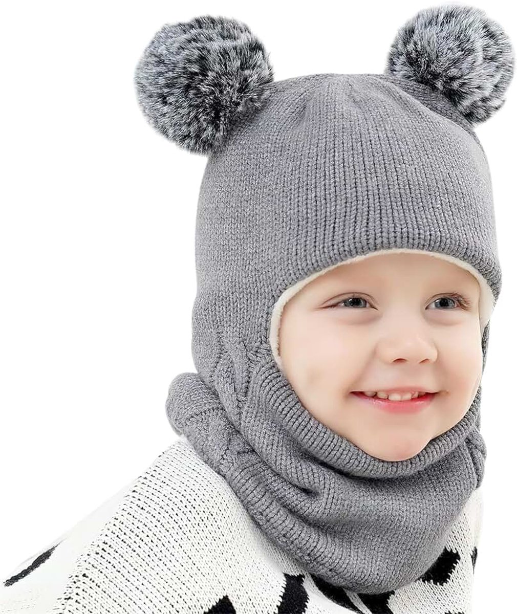 Winterbivakmuts voor kinderen van 1 tot 6 jaar, set van muts, sjaal, thermisch gebreid, winddicht, multifunctioneel, voor meisjes, kinderen, pasgeborenen, capuchon met fleece voering
