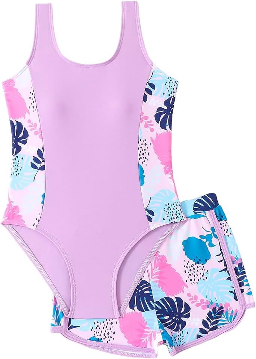 Eendelig badpak voor meisjes, UV-badkleding, mouwloze badmode met shorts, tropische print, voor meisjes van 7-14 jaar