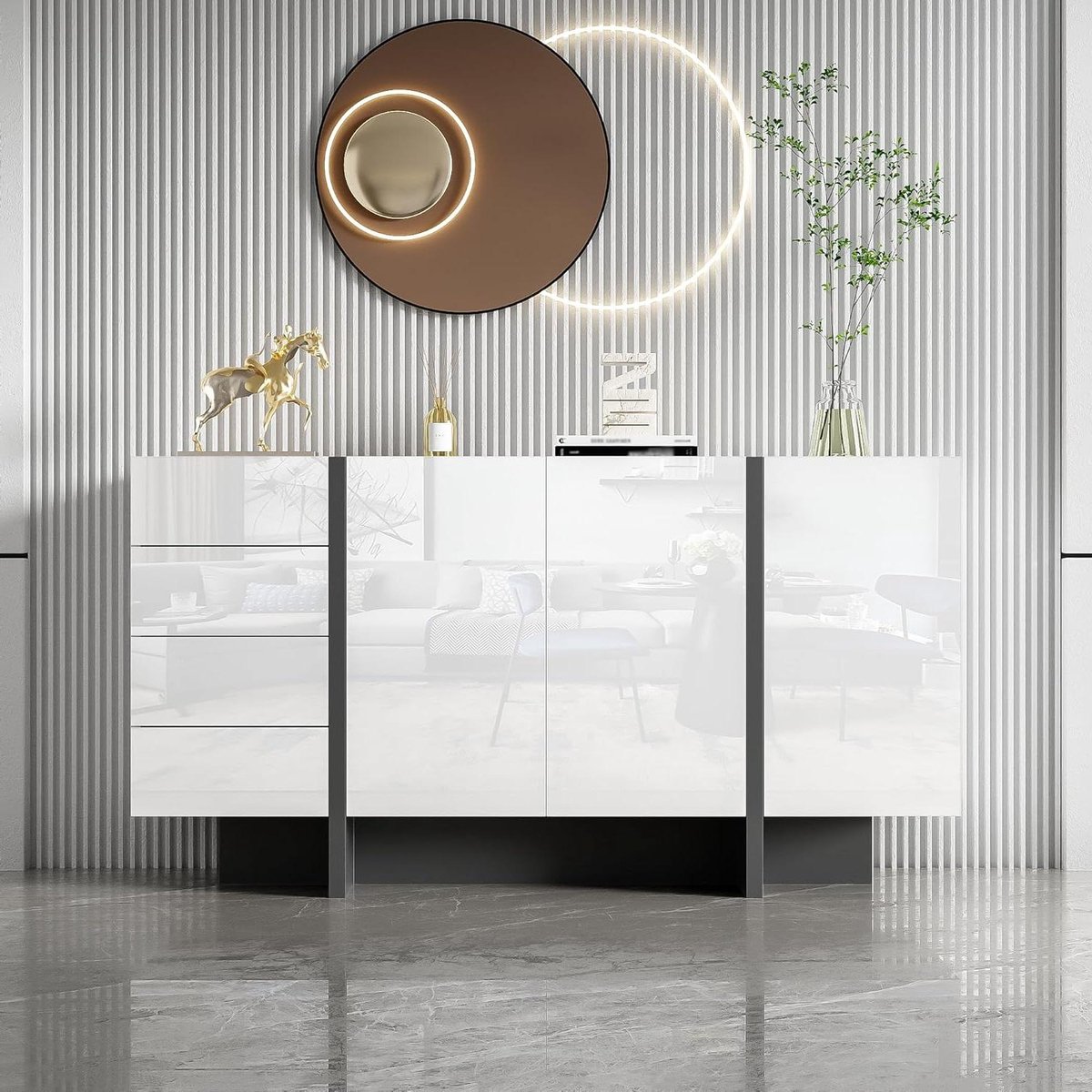 Buffet Kast - Ladekast Dressoir - Opbergen Woonkamer - Druk opener - 150 x 40 cm - Hoogglans Wit