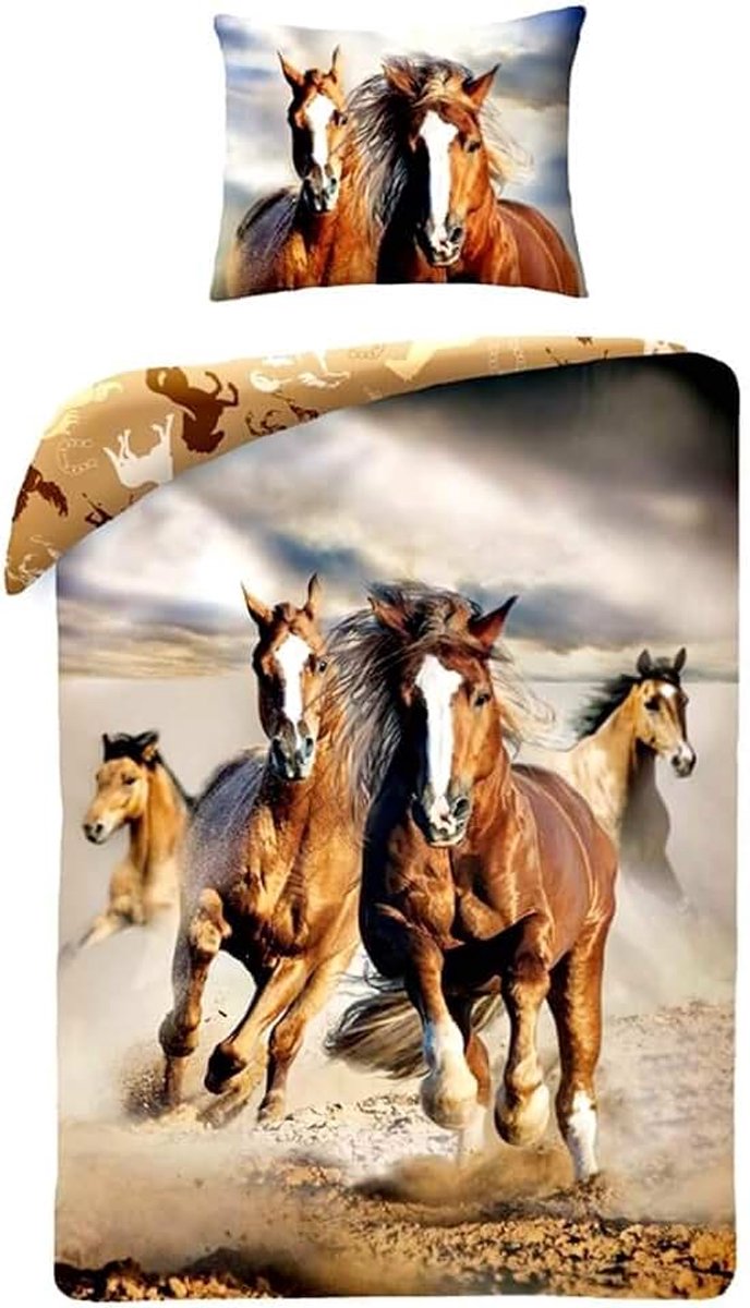 Riding - Beddengoedset, motief: Paard, bruin, voor eenpersoonsbed 140 x 200 cm, 100% katoen, beddengoed