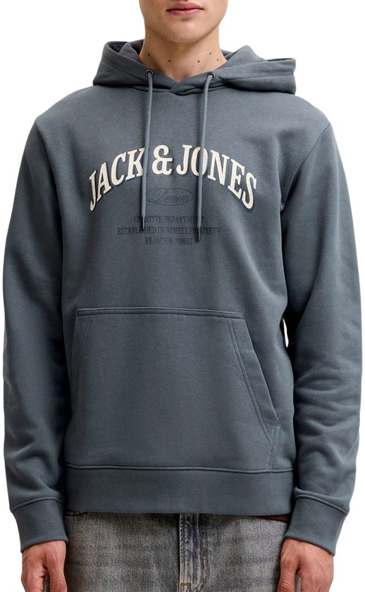 Sweat à capuche gris Jack & Jones avec inscription blanche 'JACK & JONES DENIM'.