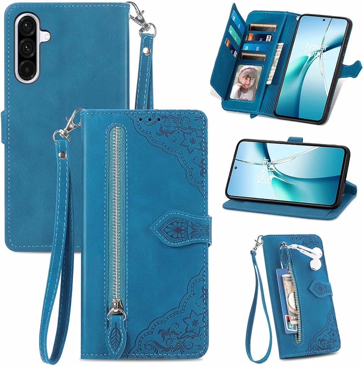 Hoes voor Samsung Galaxy A37 / A56 5G, PU-lederen telefoonhoes, inklapbare flip case tas met kaartenvak, magneet, standaard en polsband, bloemenpatroon, beschermhoes, stootvast, blauw