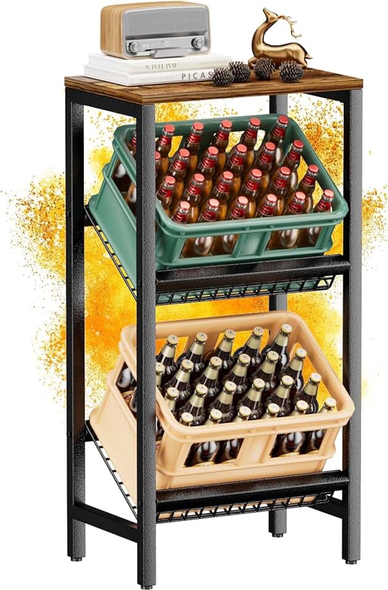 Krattenrek voor 2 kratten met verstelbare plank, stabiele metalen standaard, vrijstaande kistenstandaard met houten bovenrek, waterkistenrek voor keuken, kelder, garage