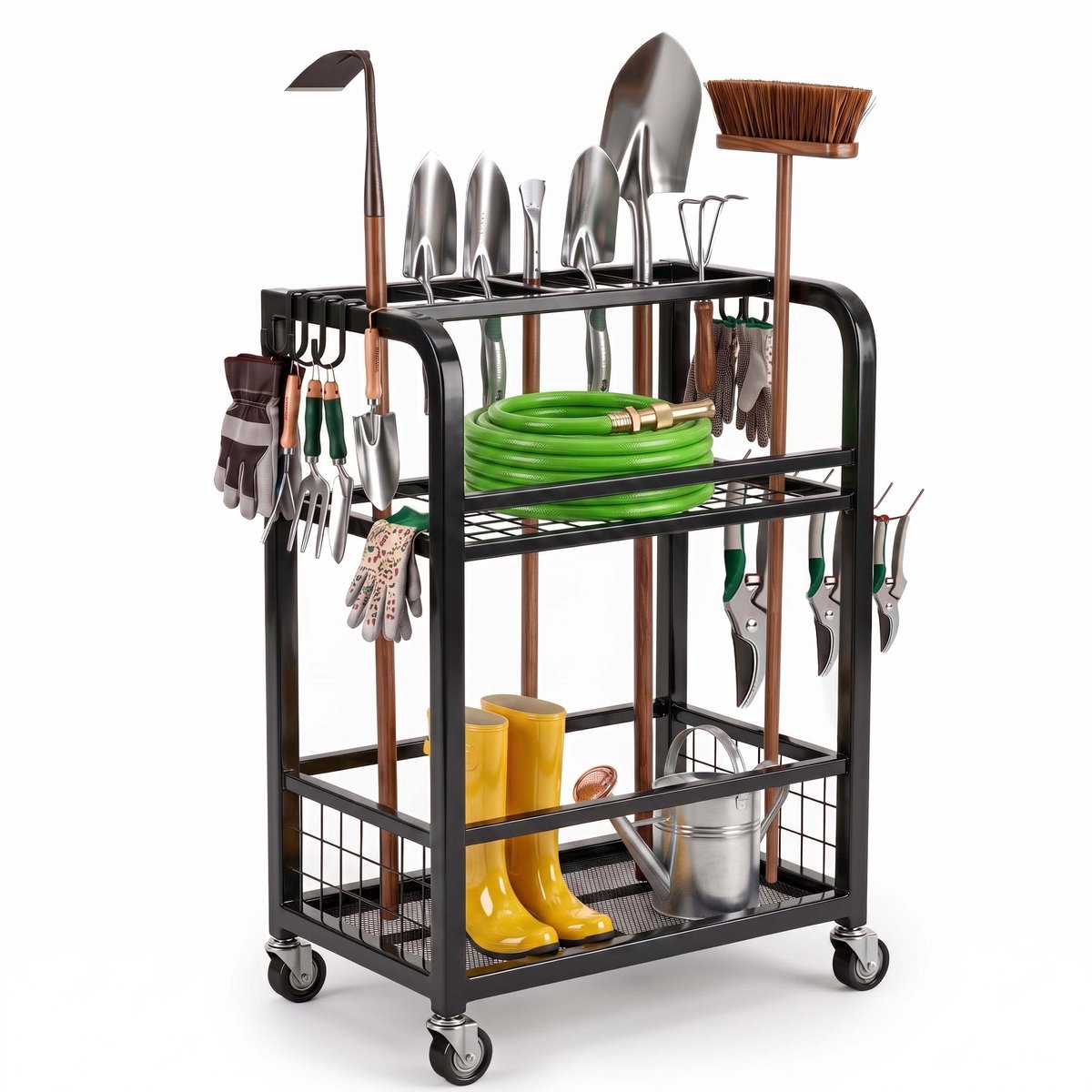 Springos Tuingereedschapswagen - Tuingereedschapshouder - Op Wielen - 3 Laags - 96 Cm - Staal - 80 Kg