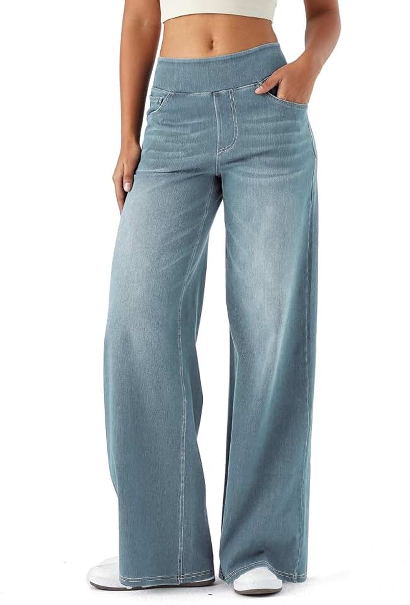 Dames Jeans Broek met Wijde Pijpen,Baggy Denim Broek hoge taille en Meerdere Zakken, Rechte Buis, Losse Pasvorm, Hoge Elasticiteit Casual Vrouwen Jeans Met