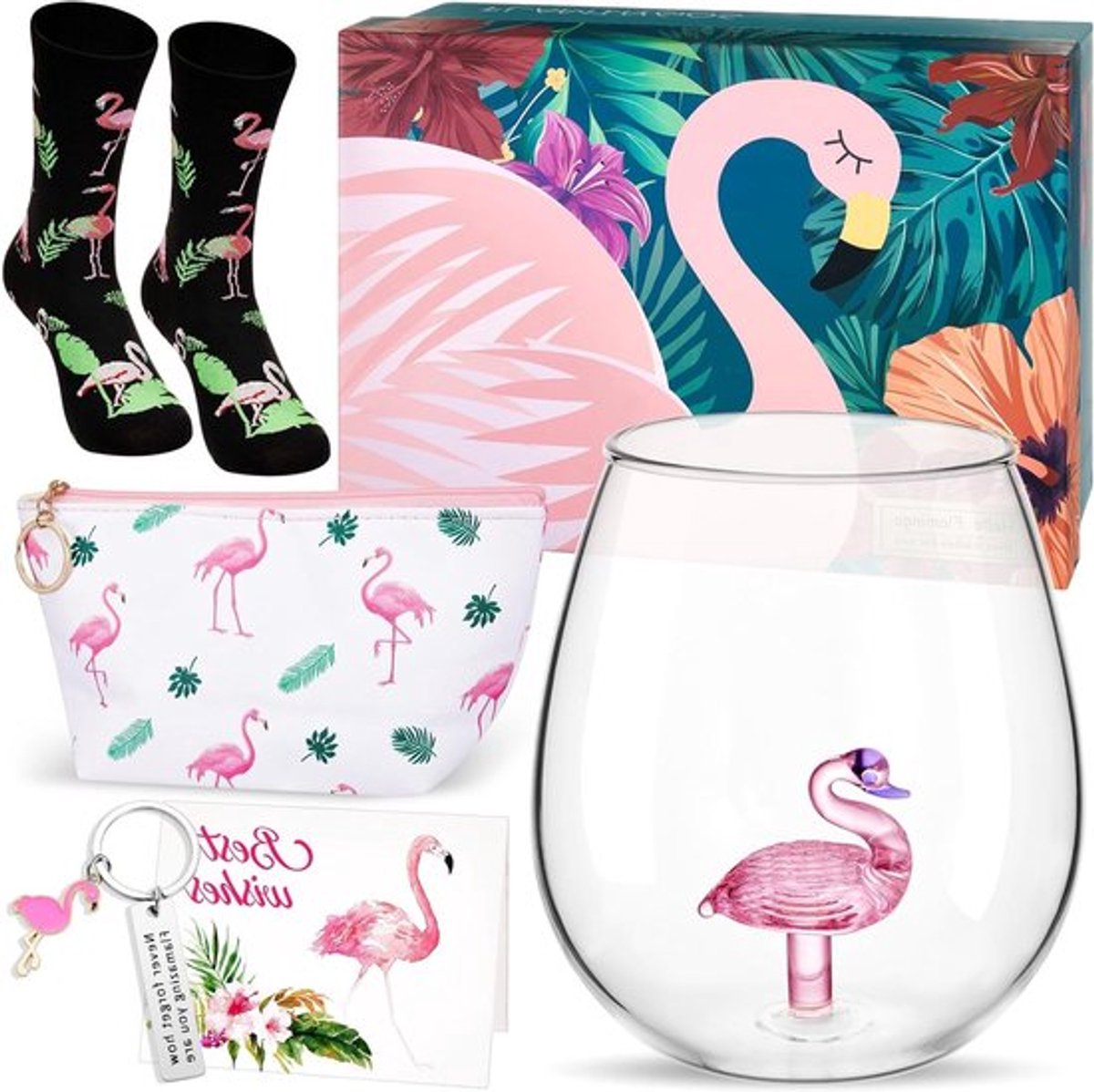 Set van 6 Cadeaus voor Vrouwen: Cocktailglas zonder Steel, Make-up Tas, Sokken, Sleutelhanger, Wenskaart en Cadeaudoos voor Feestdagen